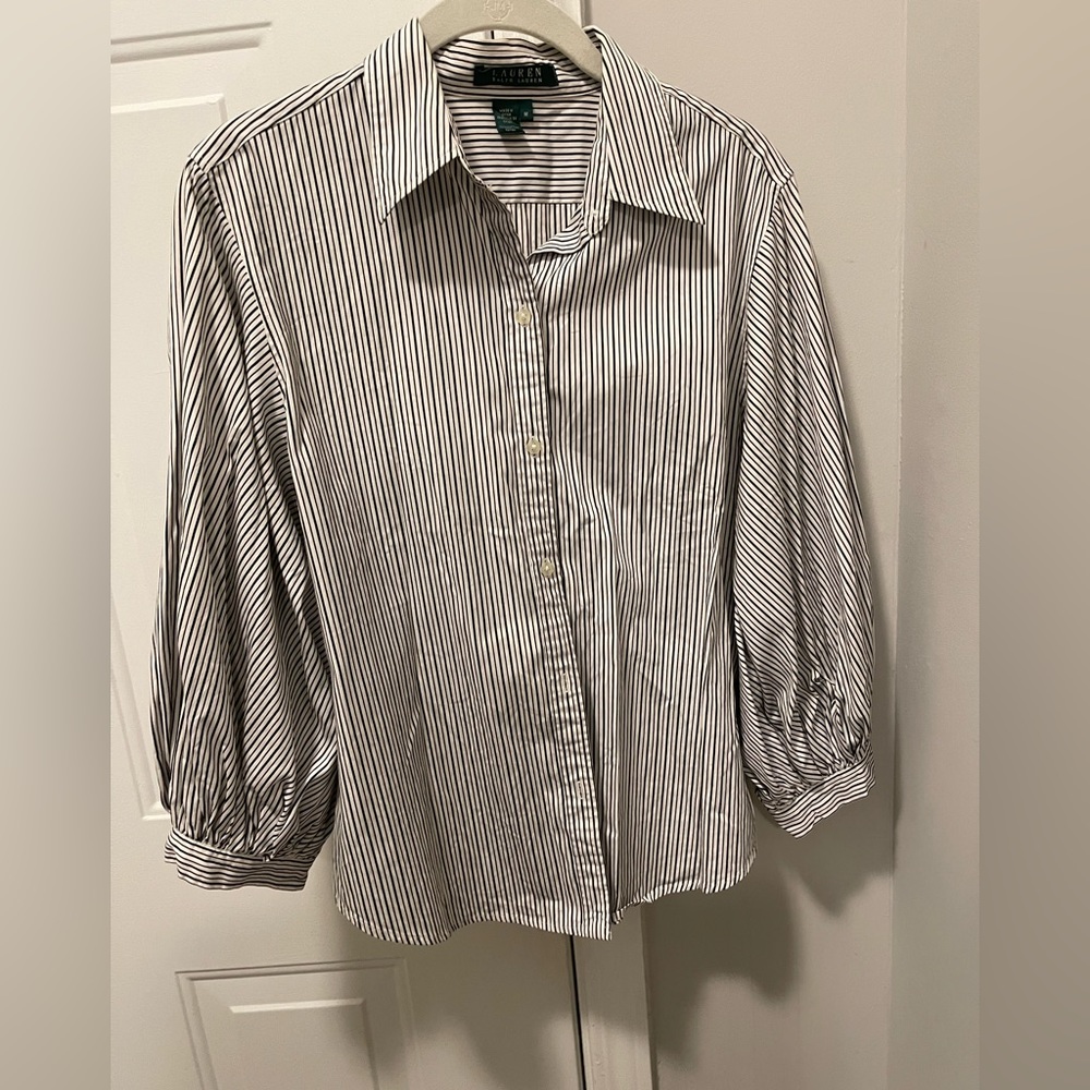 Lauren striped Cotton Button Down Top with puff sleeves (Size Medium)